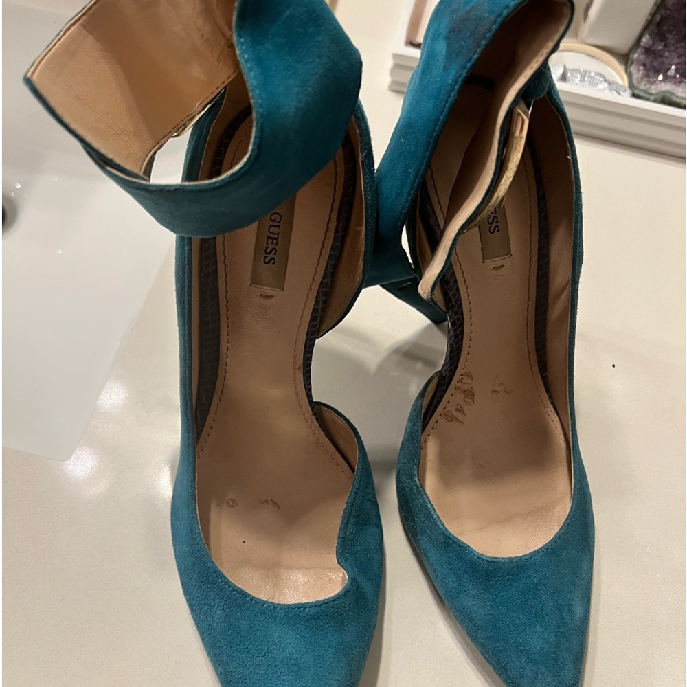 Teal suede Bebe ankle strap gold buckle heel pointed toe size 9